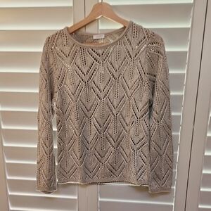 Cream Ribbed Long Sleeve Tee with Geometric Knit